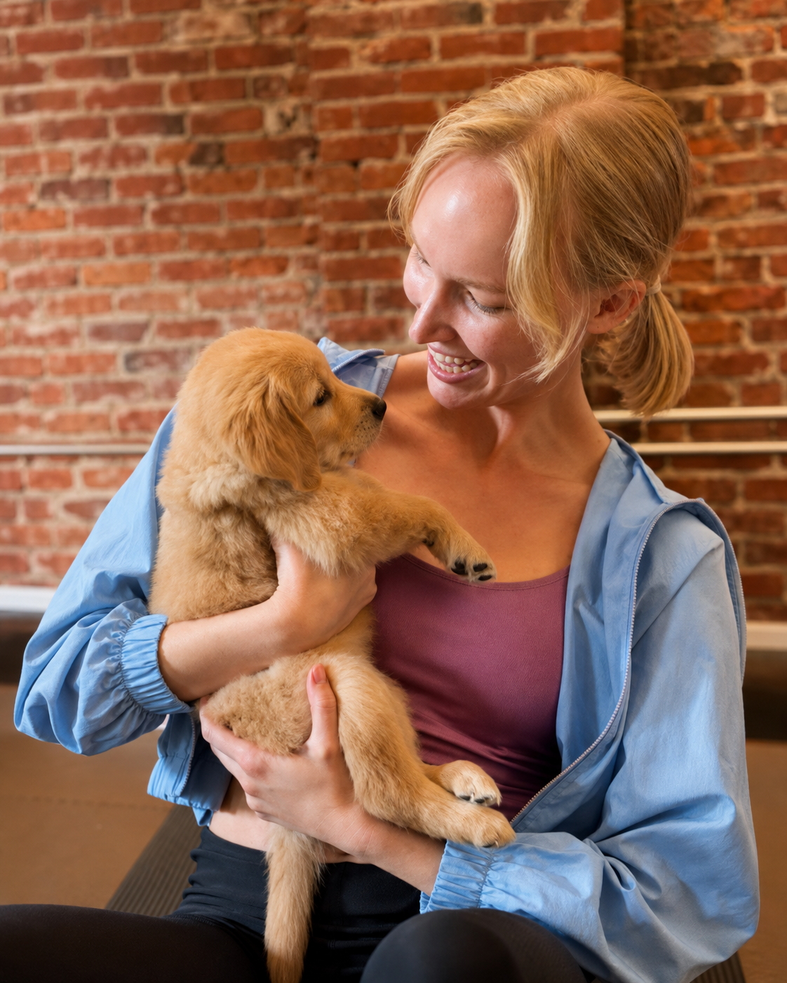 Blonde girl holding a Golden retriever puppy. She is sitting on a yoga mat and the wall behind her is made of red brick.