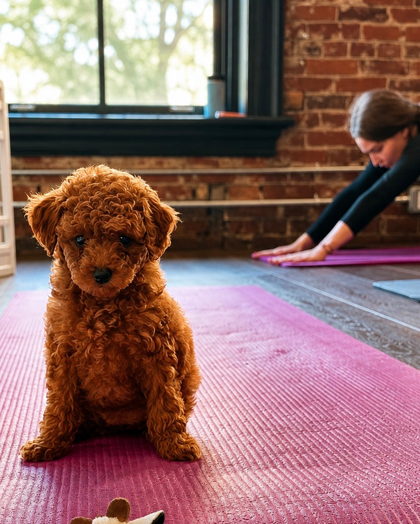 Poodle puppy sitting on a pink yoga mat with a brick wall in the background. The brick wall has a large black window and there is a woman in the background also who is doing Yoga.