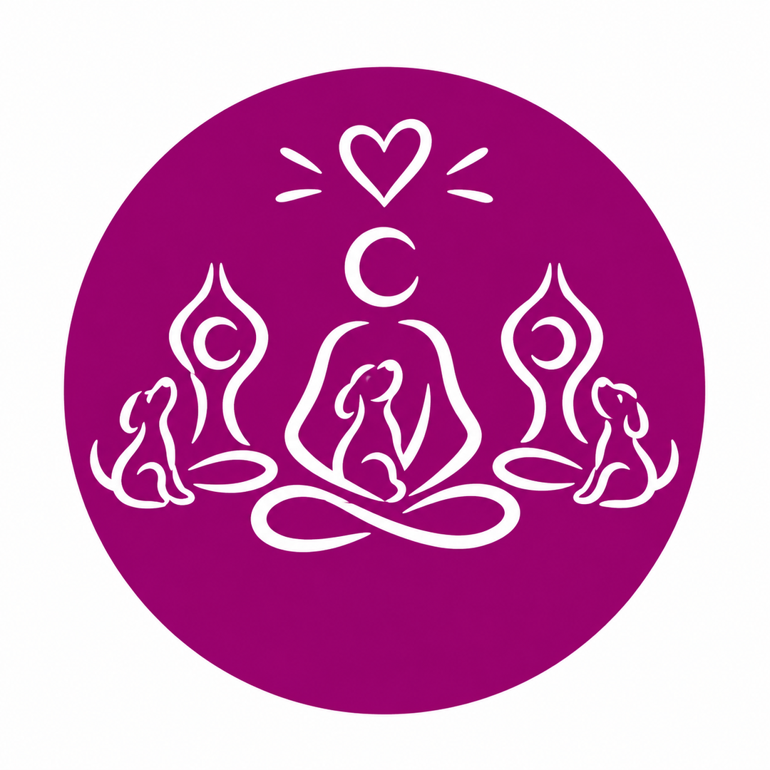 A circular magenta purple graphic with white minimalist line art showing yoga participants and dogs 