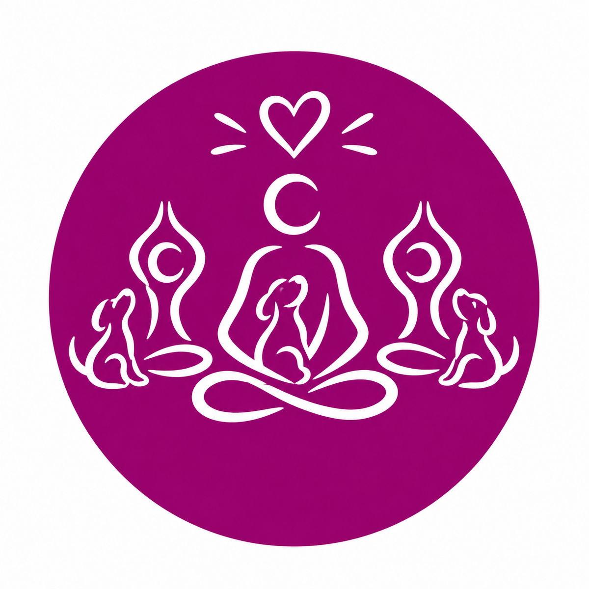 A circular magenta purple graphic with white minimalist line art showing yoga participants and dogs 